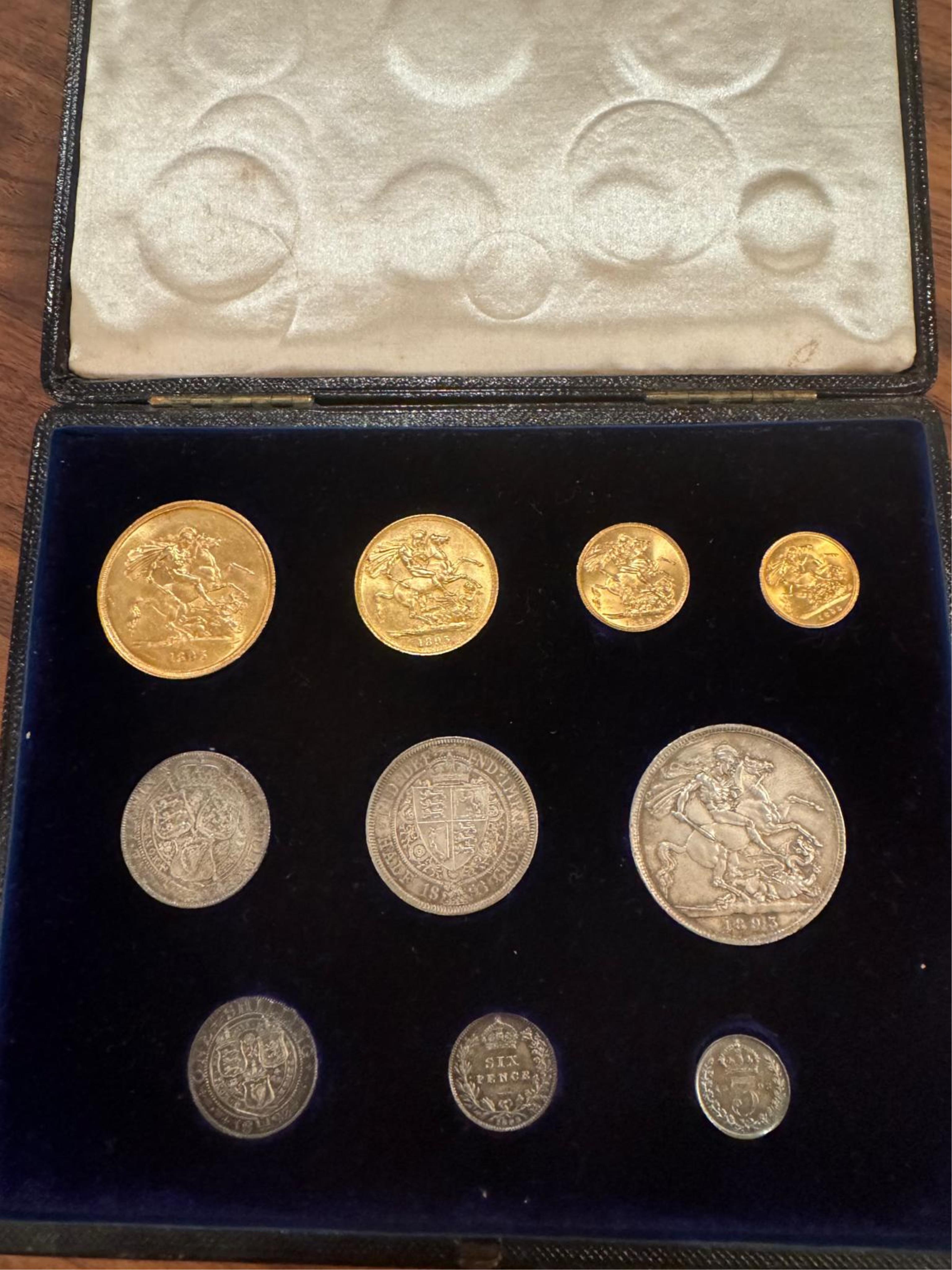 British gold coins, Victoria, cased 1893 gold and silver specimen ten coin set, comprising gold half sovereign, sovereign and five pounds and silver 3d to crown, scarce